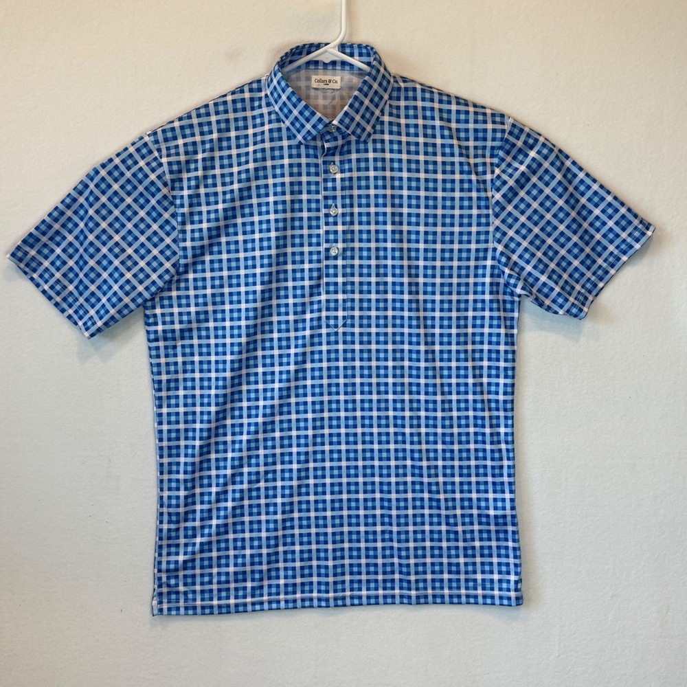 Collars & Co‎ Mens Dress Collar Polo Shirt Blue Gingham Check Performance Large